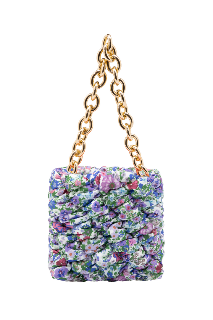 Blue Floral Ruched Mini Bag with Gold Chain