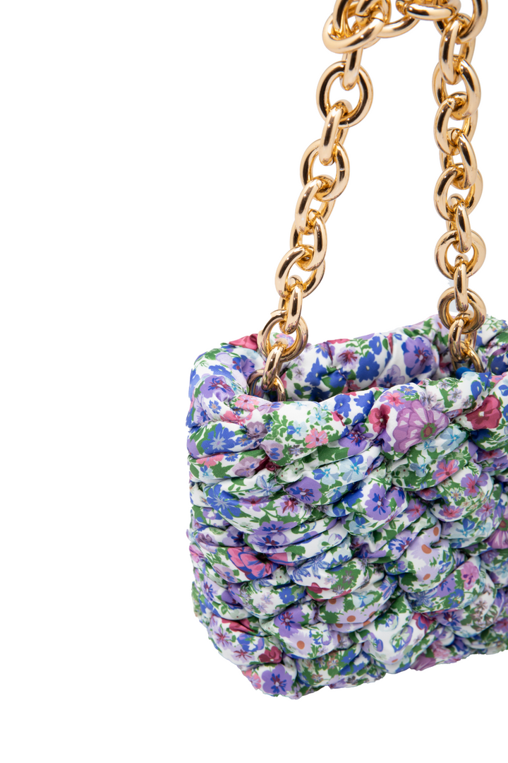 Blue Floral Ruched Mini Bag with Gold Chain