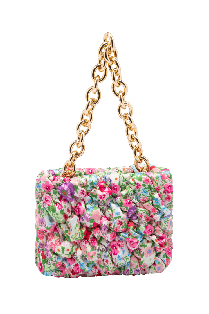 Pink Floral Ruched Mini Bag with Gold Chain