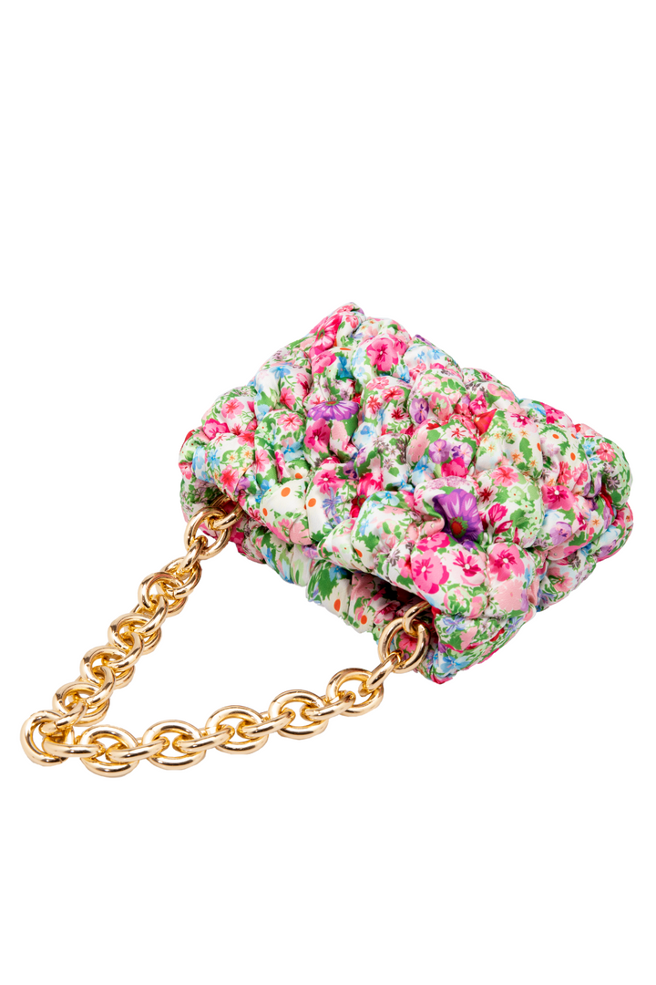 Pink Floral Ruched Mini Bag with Gold Chain