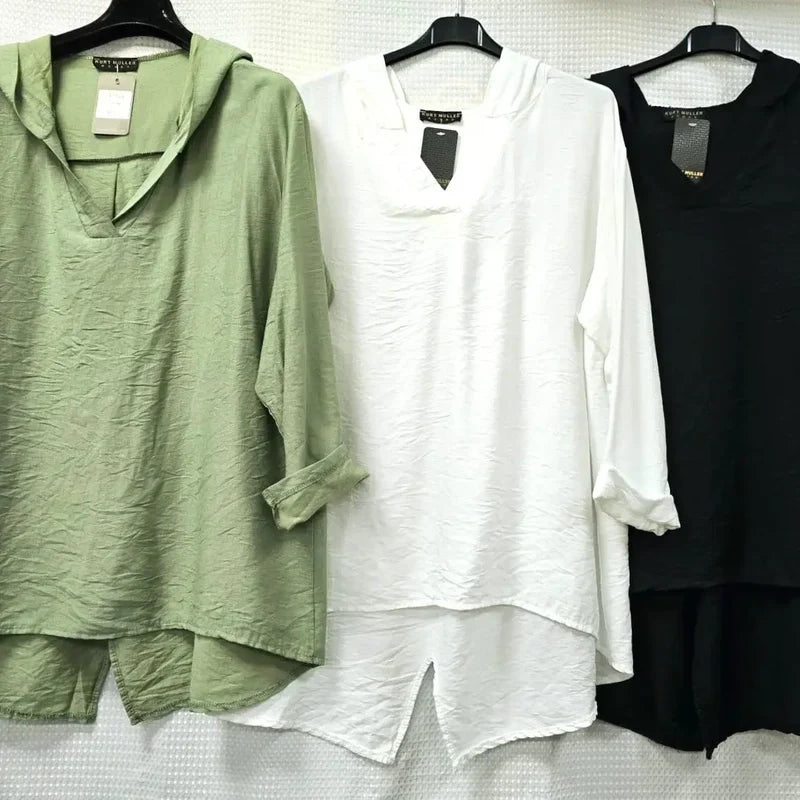 V Hooded Linen Look Tunic