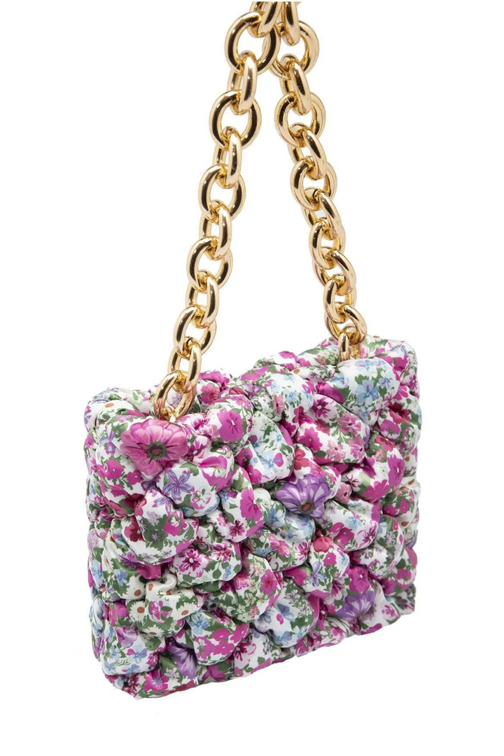 Purple Floral Ruched Mini Bag with Gold Chain