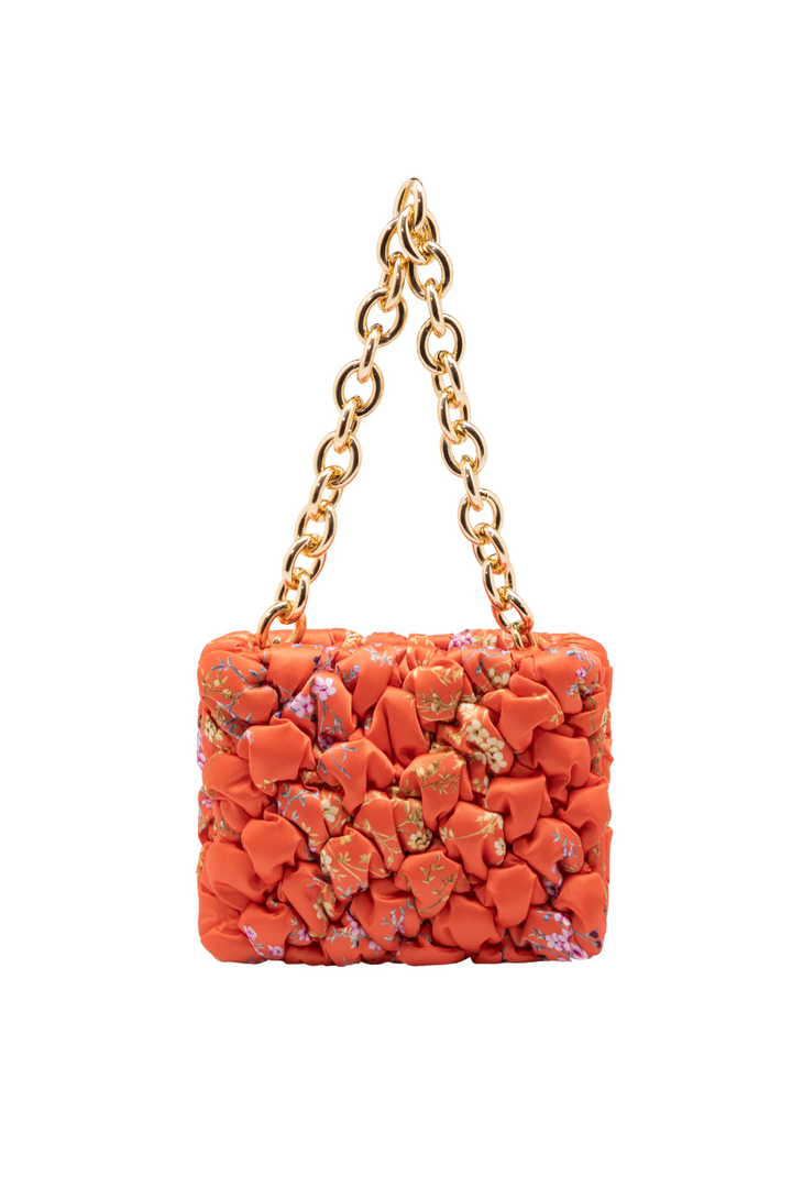 Orange Ruched Floral Mini Bag with Gold Chain