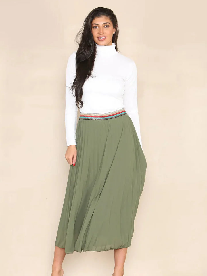 Pleated Midi Skirt with Rainbow Elasticated Waistband