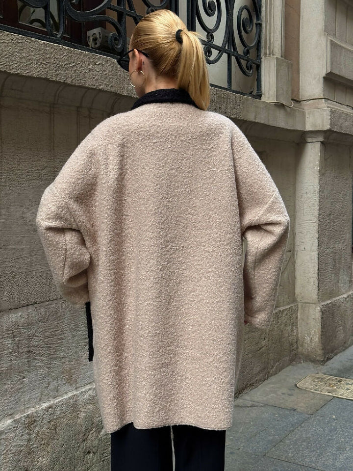 Contrast Collar Bouclé Button Coat in Beige