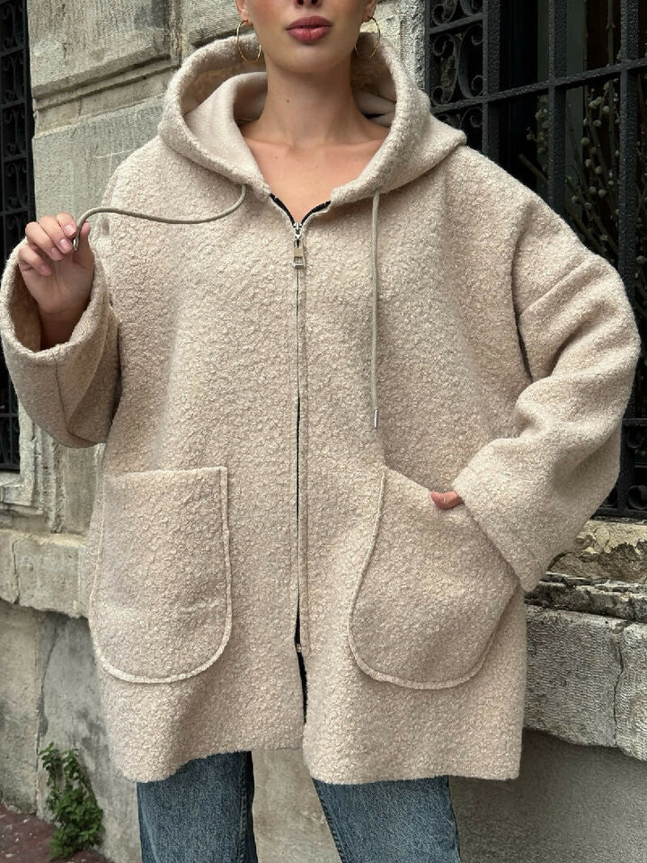Cozy Zip-Up Teddy Hooded Jacket in Beige