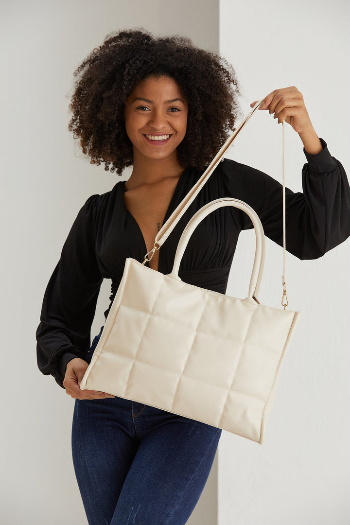 Quilted Cream Tote Bag with Handles