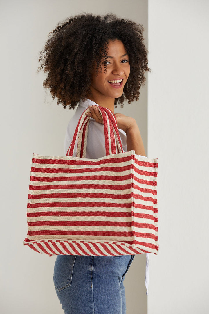 Red & White Woven Stripe Canvas Tote Bag