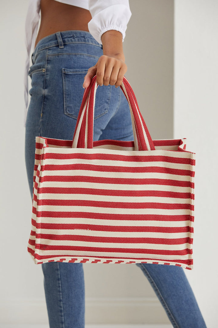 Red & White Woven Stripe Canvas Tote Bag