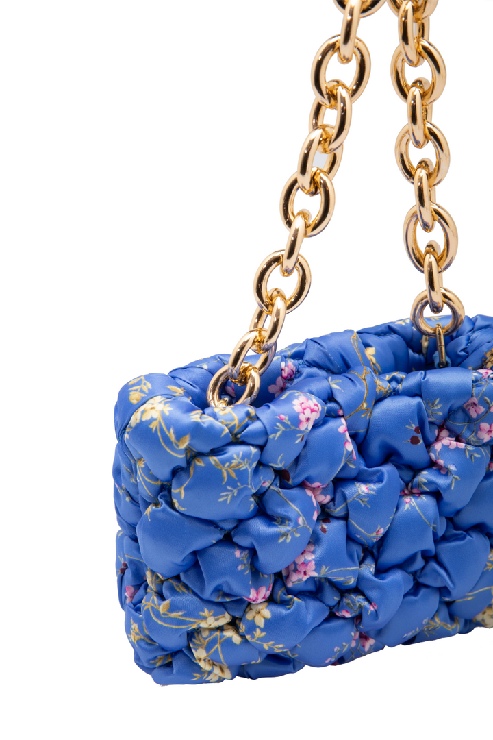 Blue Ruched Floral Mini Bag with Gold Chain