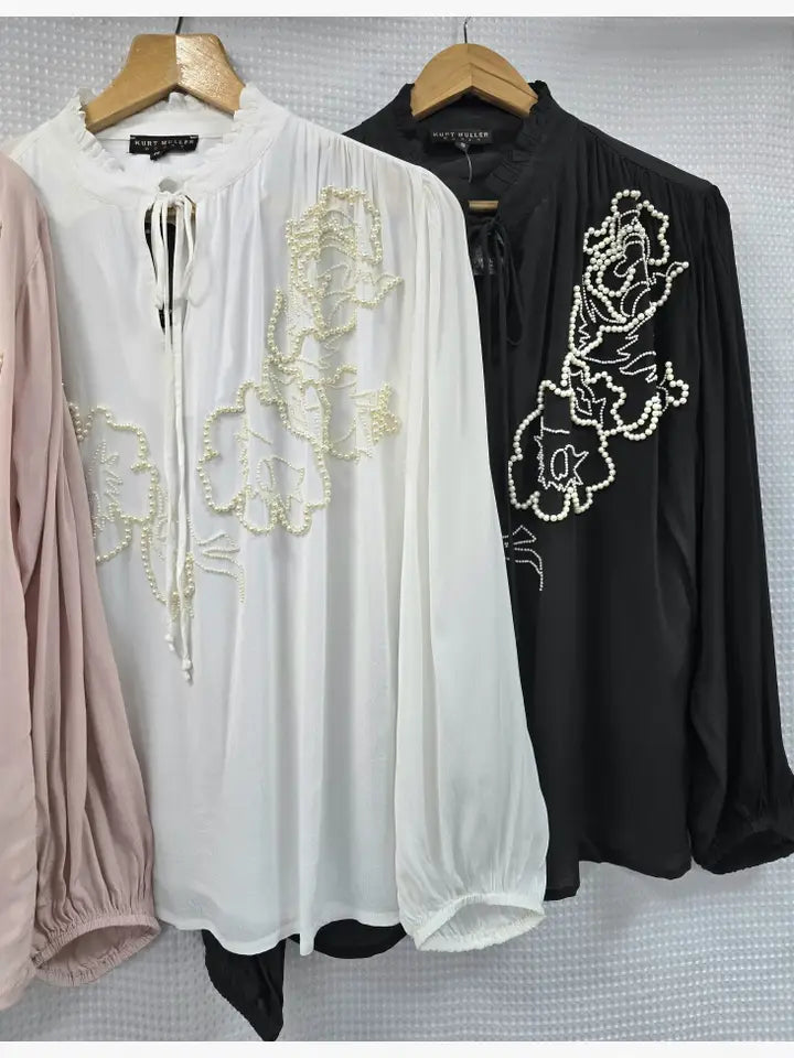 Frill Neck Pearl Detail Chiffon Tie Blouse (3P.PACK)