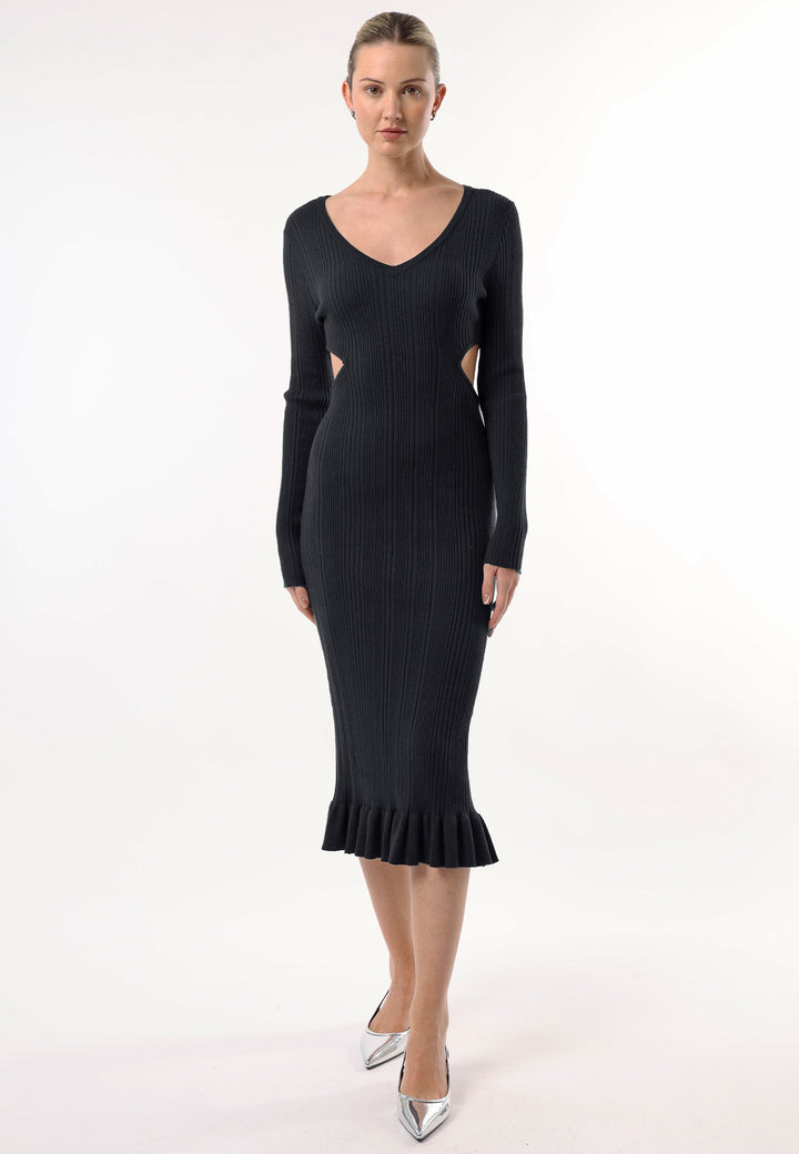 (4p. Pack) Long Sleeve Black Knit Midi Dress with Cut Outs - jqwholesale.com