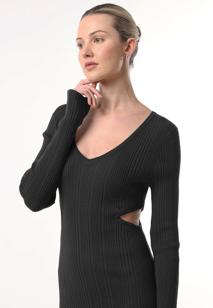 (4p. Pack) Long Sleeve Black Knit Midi Dress with Cut Outs - jqwholesale.com