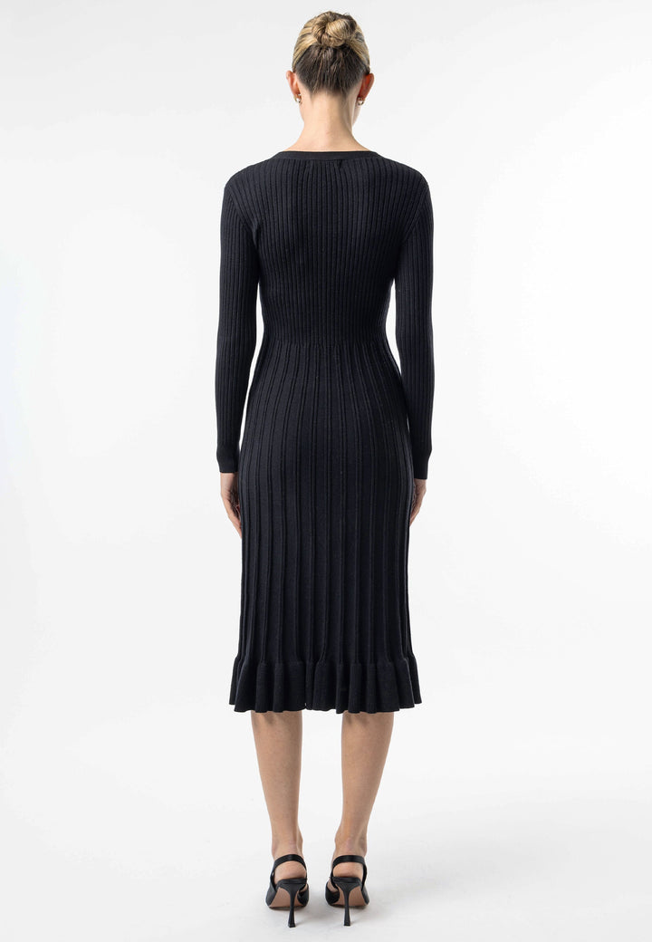 (4p. Pack) Black Knit Button Midi Dress with Ruffle Hem - jqwholesale.com