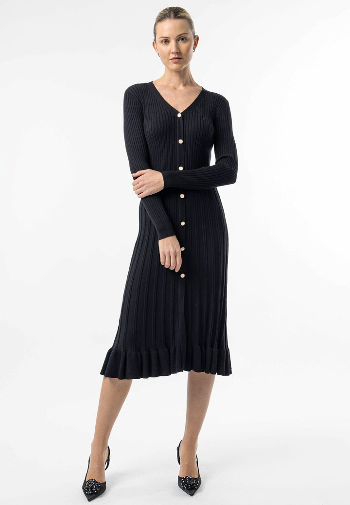 (4p. Pack) Black Knit Button Midi Dress with Ruffle Hem - jqwholesale.com
