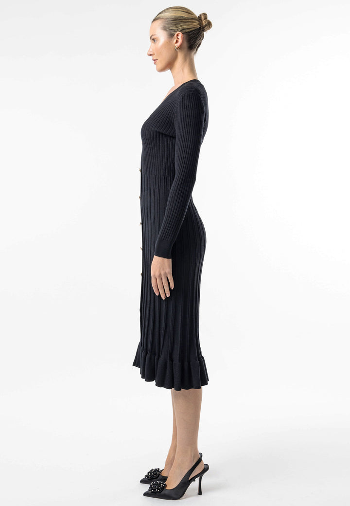 (4p. Pack) Black Knit Button Midi Dress with Ruffle Hem - jqwholesale.com