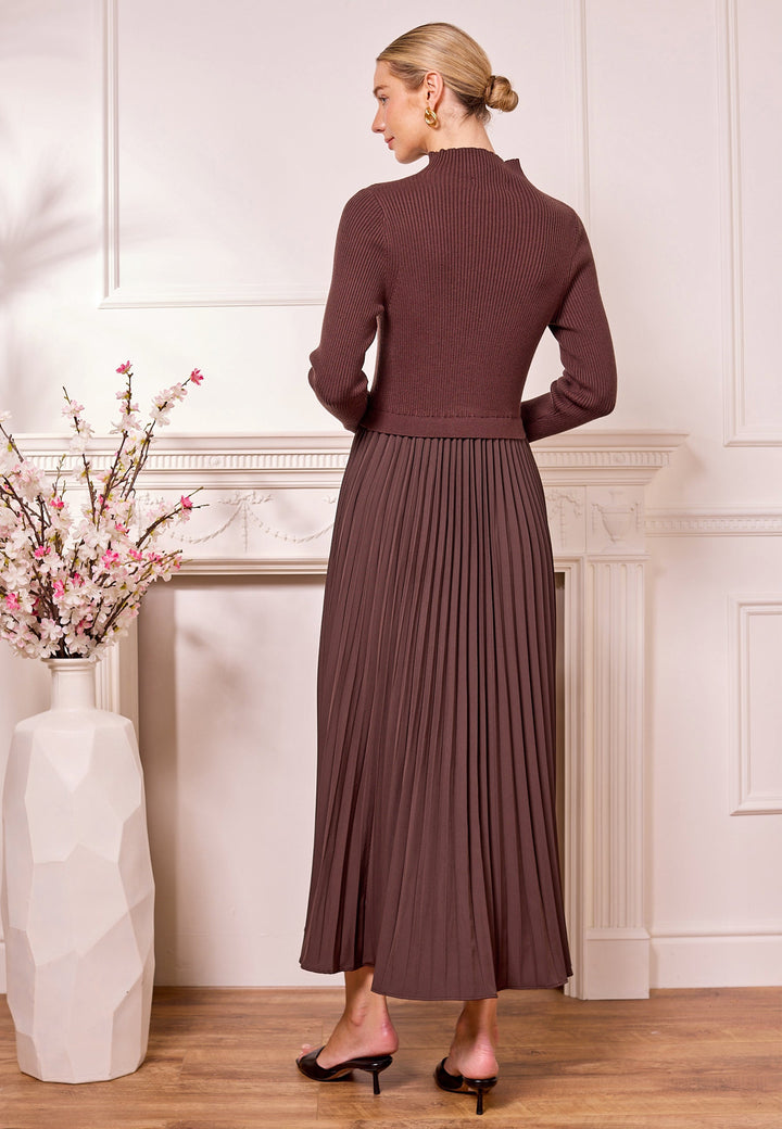 (4P.PACK) Knit Top and Pleated Skirt Maxi Dress in Brown - jqwholesale.com