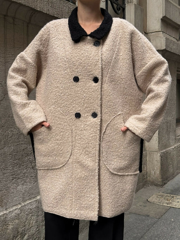 Contrast Collar Bouclé Button Coat in Beige