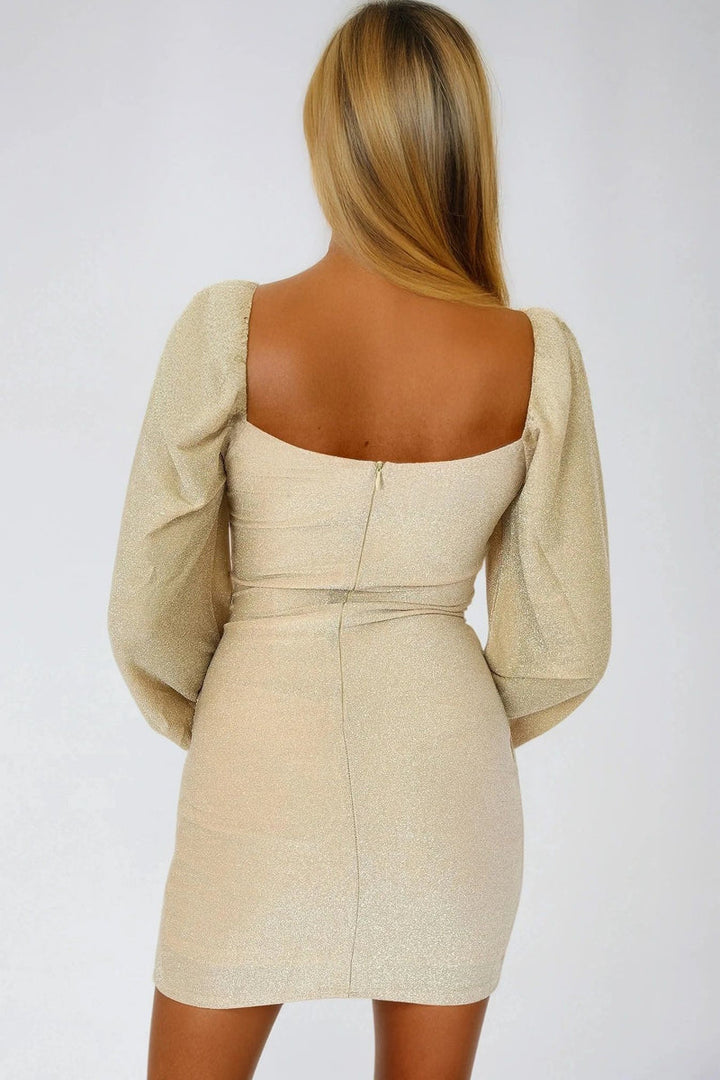 Gold Long Sleeve Mini Dress - jqwholesale.com