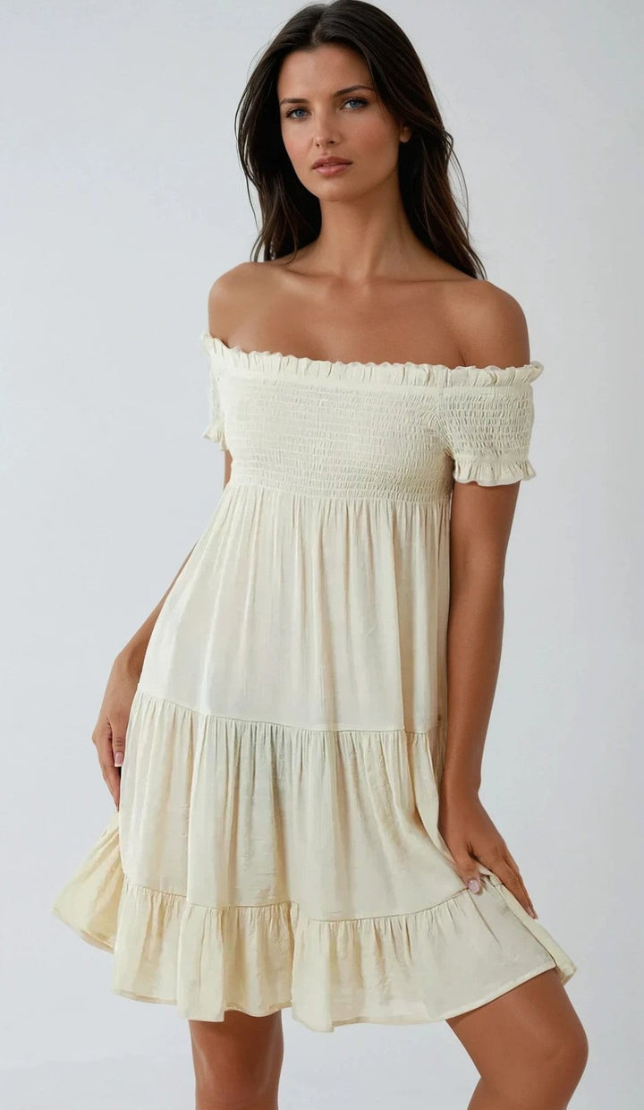 Beige Bardot Shirred Mini Dress - jqwholesale.com