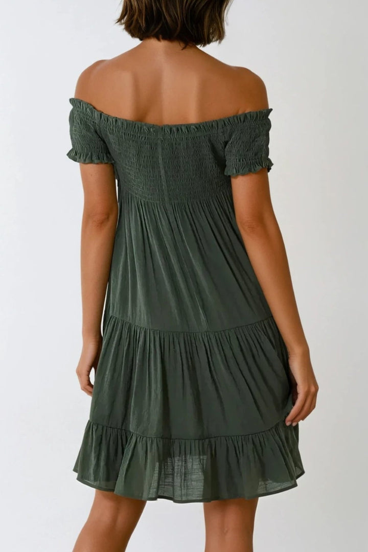 Khaki Bardot Shirred Mini Dress - jqwholesale.com
