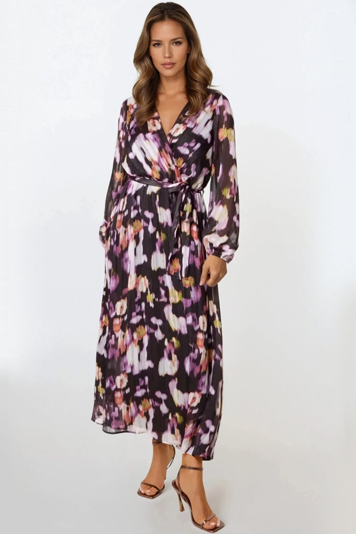 Black Abstract Print Wrap Midi Dress - jqwholesale.com