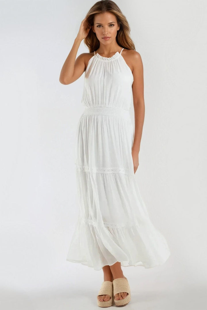 Ivory Tiered Halterneck Maxi Dress With Crochet Details - jqwholesale.com