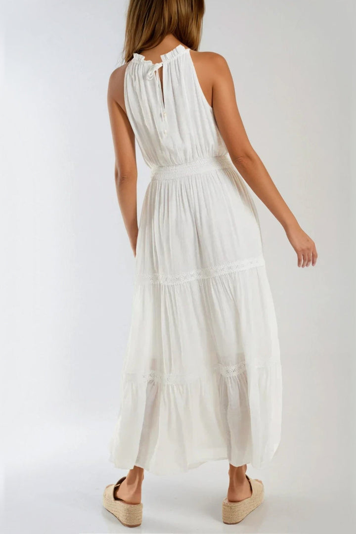 Ivory Tiered Halterneck Maxi Dress With Crochet Details - jqwholesale.com