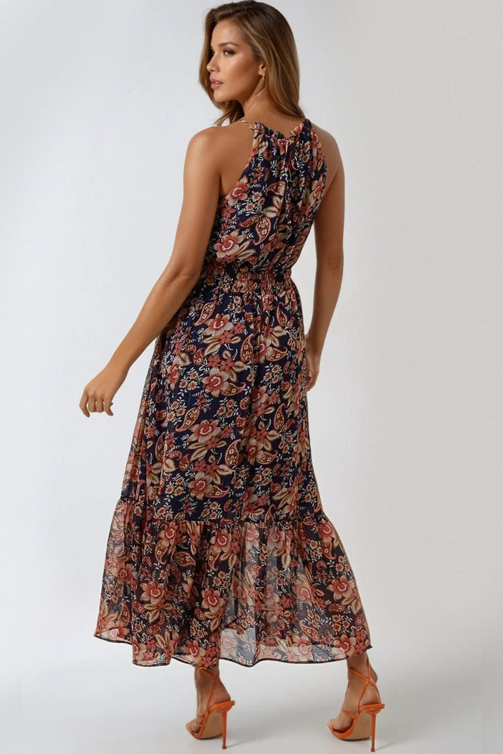 Navy Floral Print Halterneck Dress - jqwholesale.com