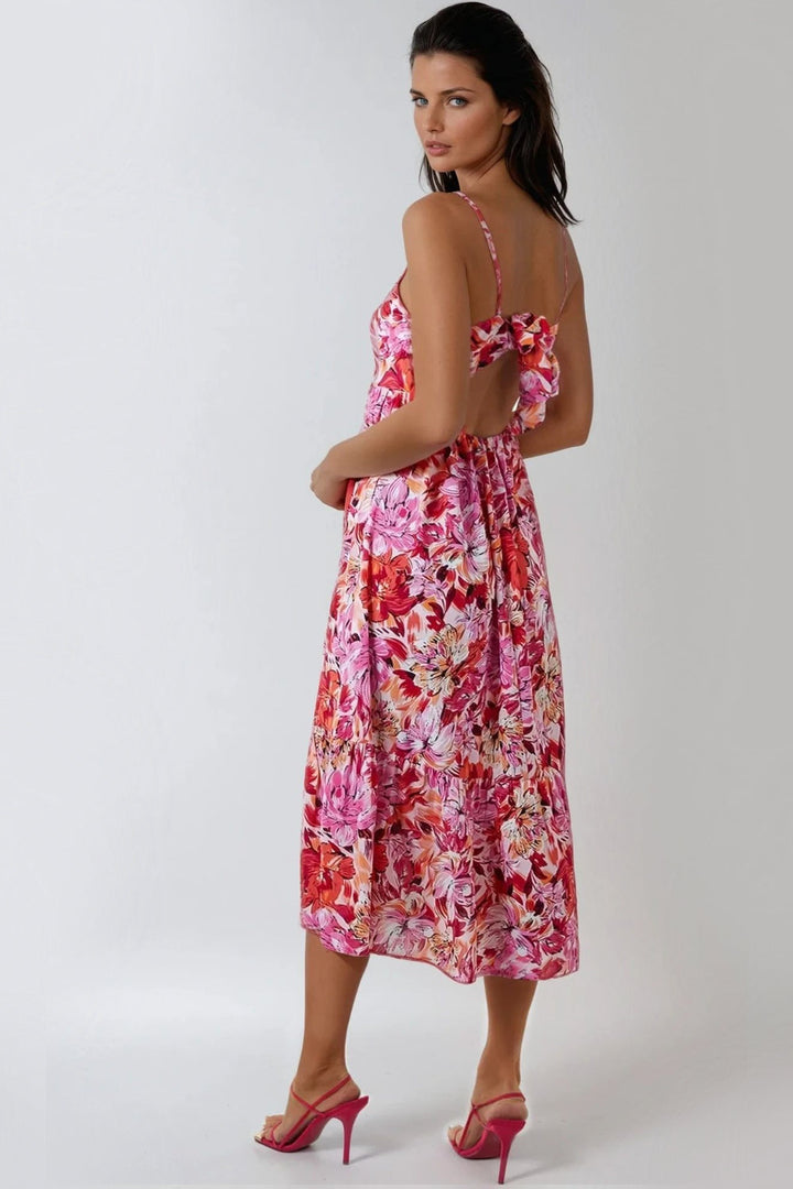 Pink Floral Cami Midi Dress With Cut Out Back - jqwholesale.com