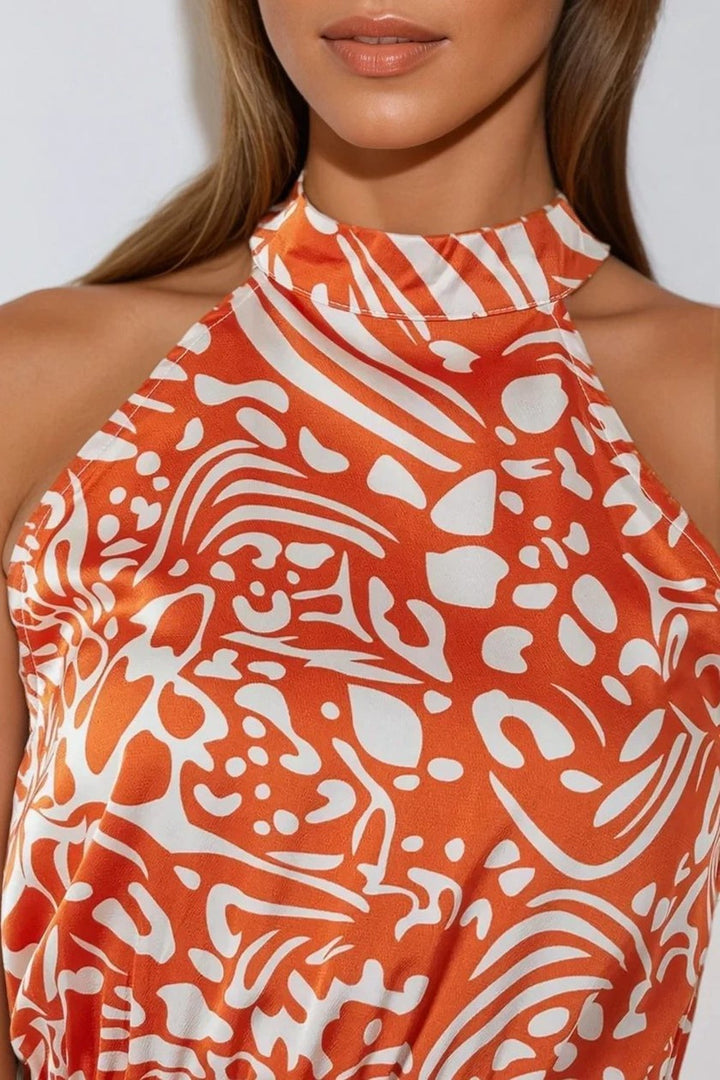 Orange Floral Halterneck Wrap Midi Dress - jqwholesale.com