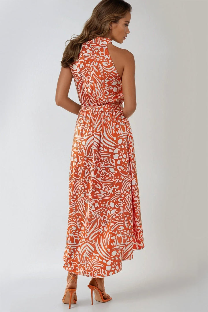 Orange Floral Halterneck Wrap Midi Dress - jqwholesale.com