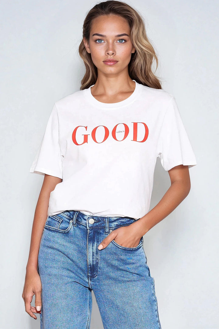 White Good Vibes Printed Cotton T-Shirt - jqwholesale.com