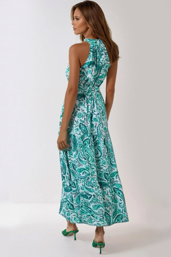 Green Paisley Print Halterneck Maxi Dress - jqwholesale.com