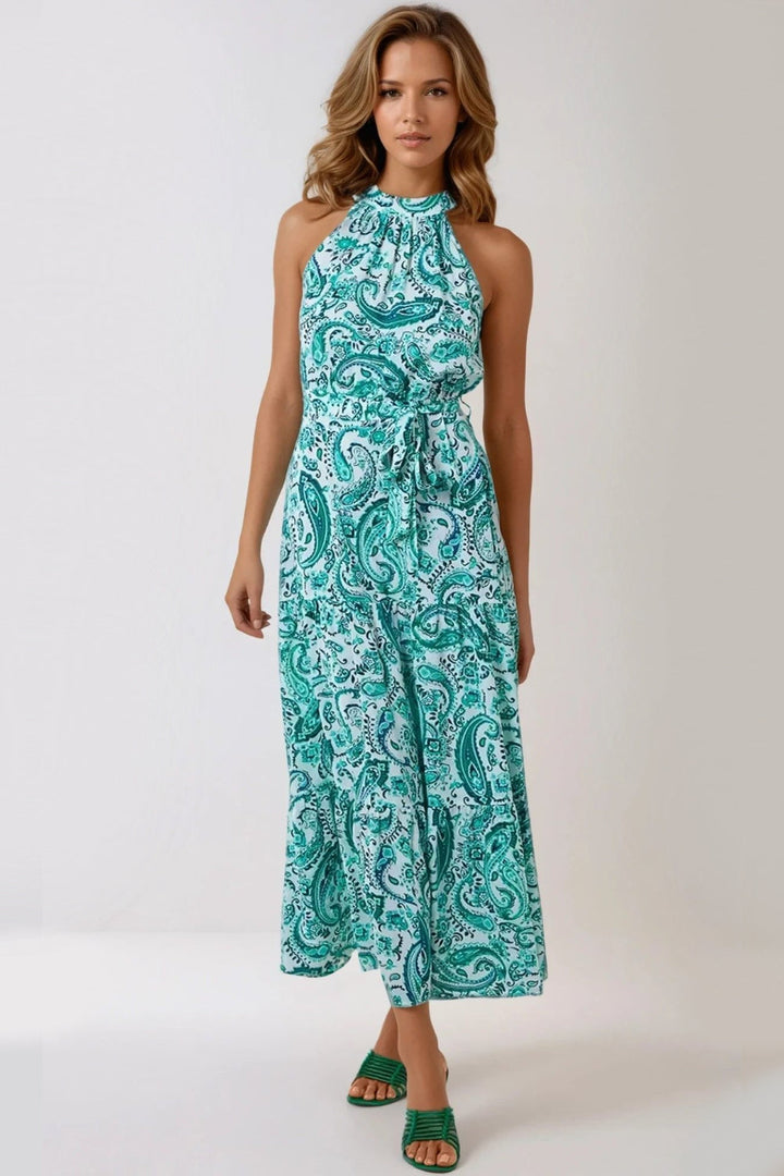 Green Paisley Print Halterneck Maxi Dress - jqwholesale.com
