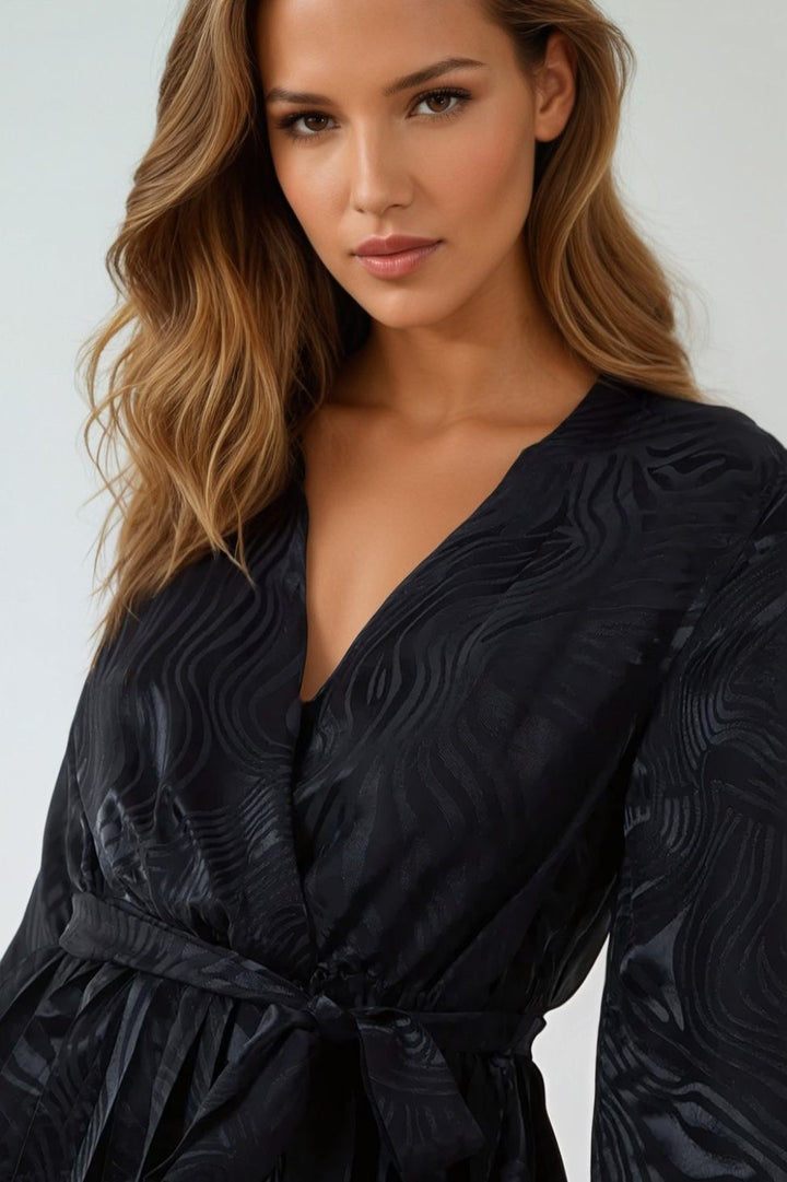 Black Wrap Front Belted Midi Dress - jqwholesale.com