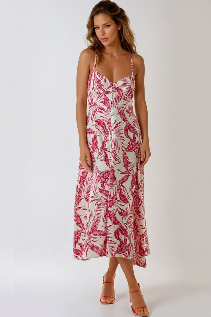 Pink Leaf Print Lace Up Back Midi Dress - jqwholesale.com