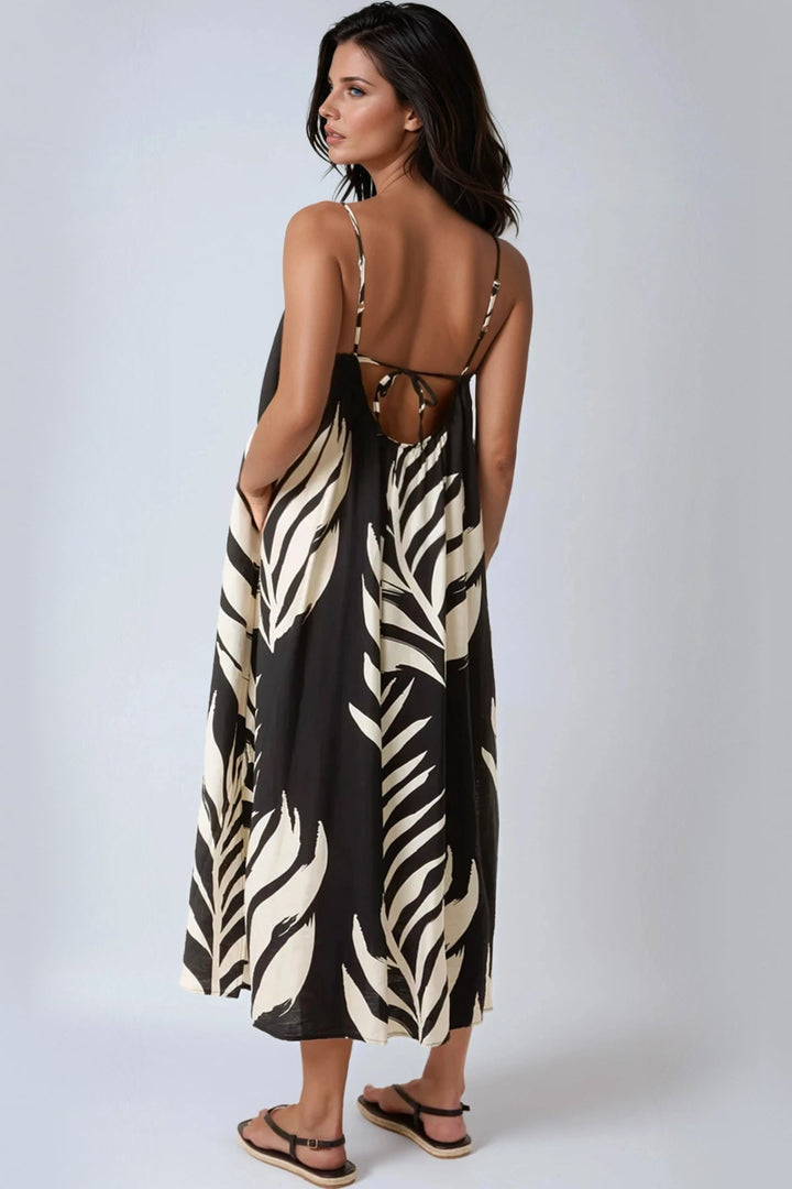 Black Leaf Print Strappy Dress - jqwholesale.com