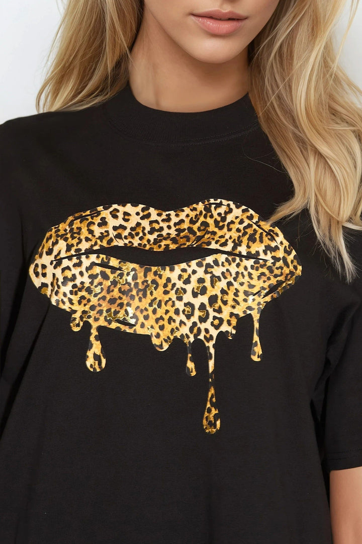 Black Oversized Leopard Print T-Shirt - jqwholesale.com