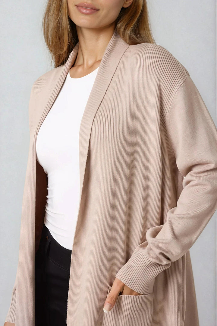 Beige Ribbed Cardigan With Pockets