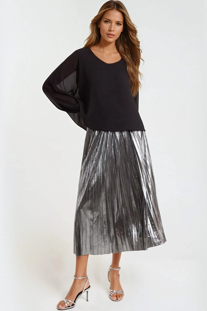 Pewter Metallic Pleated Midi Skirt - jqwholesale.com