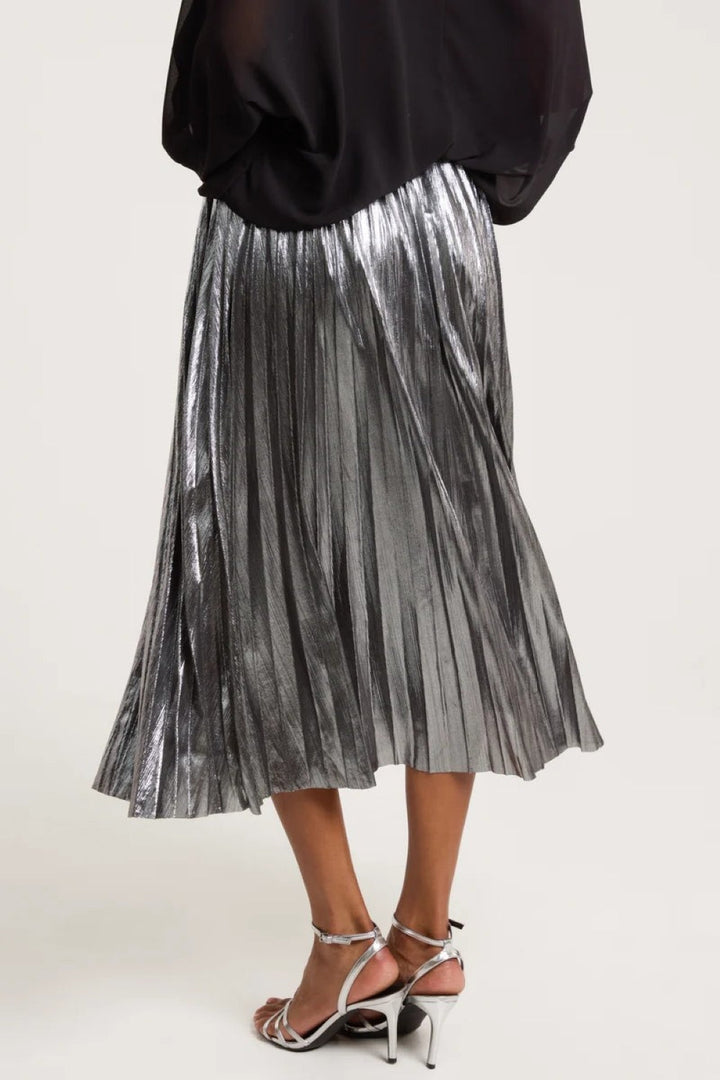 Pewter Metallic Pleated Midi Skirt - jqwholesale.com