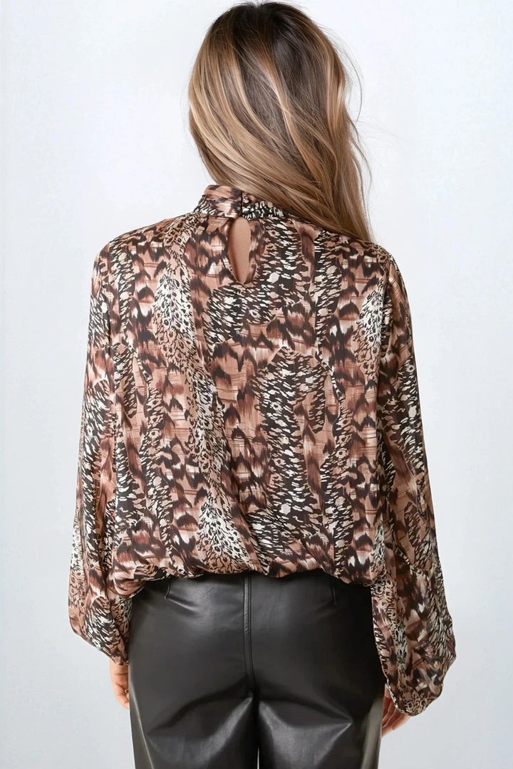 Brown Animal Print Blouse - jqwholesale.com