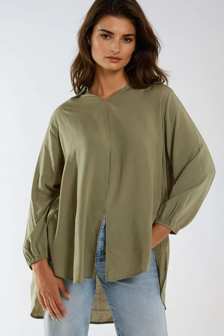 Khaki Open Collar Blouse - jqwholesale.com