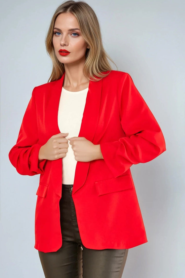 Red Blazer with Ruched Sleeves - jqwholesale.com