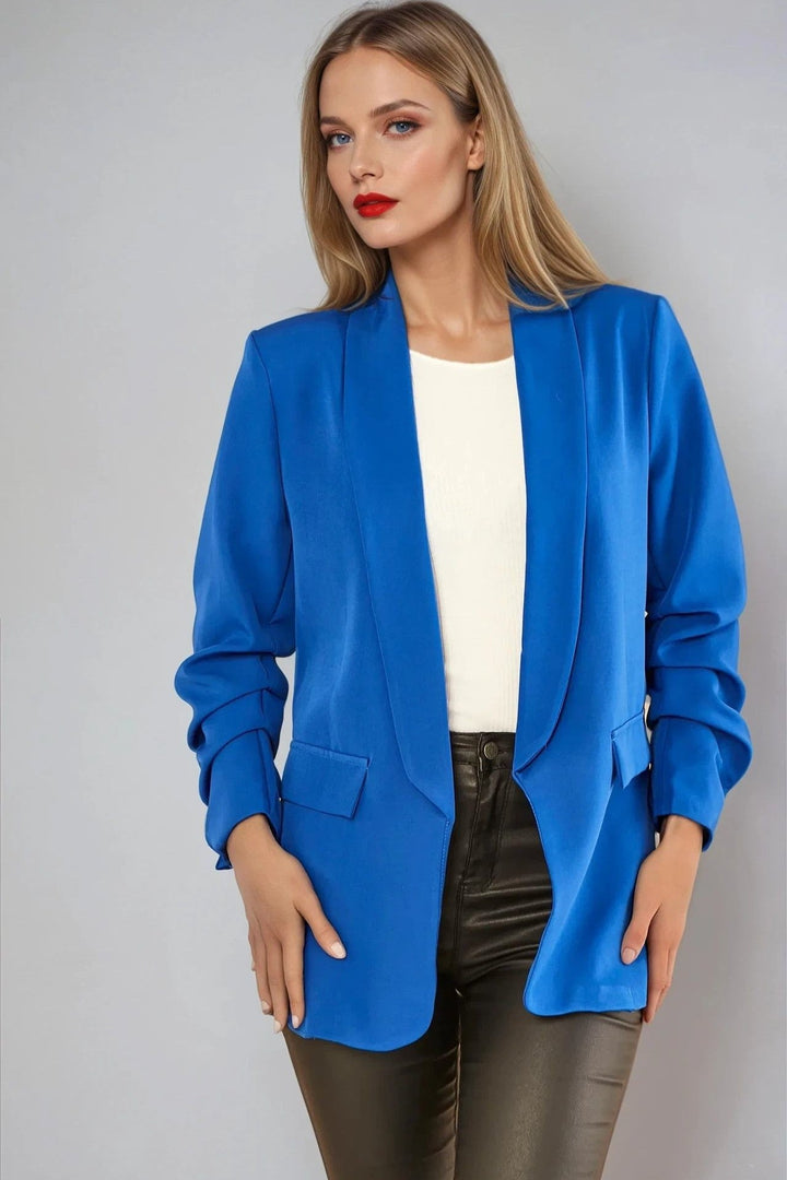Royal Blue Blazer with Ruched Sleeves - jqwholesale.com
