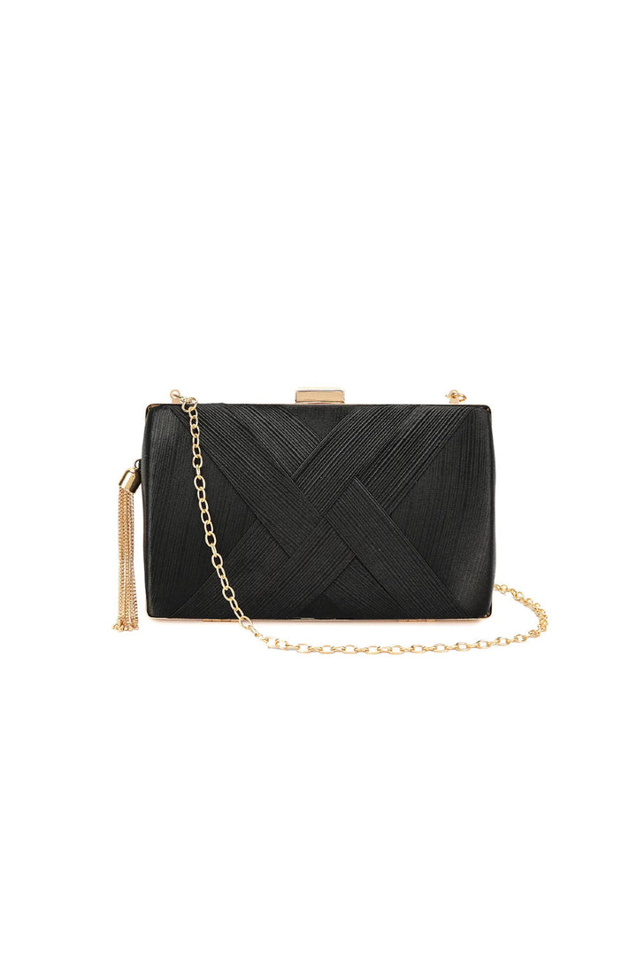 Black Satin Clutch Bag With Tassels - jqwholesale.com