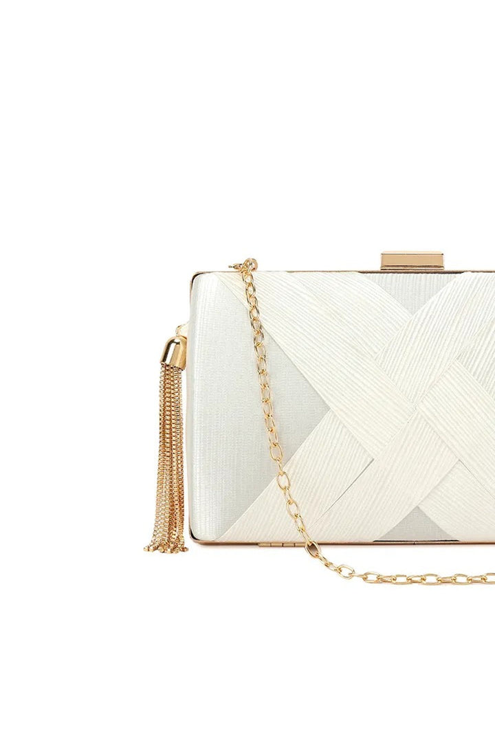 Ivory Satin Clutch Bag With Tassels - jqwholesale.com