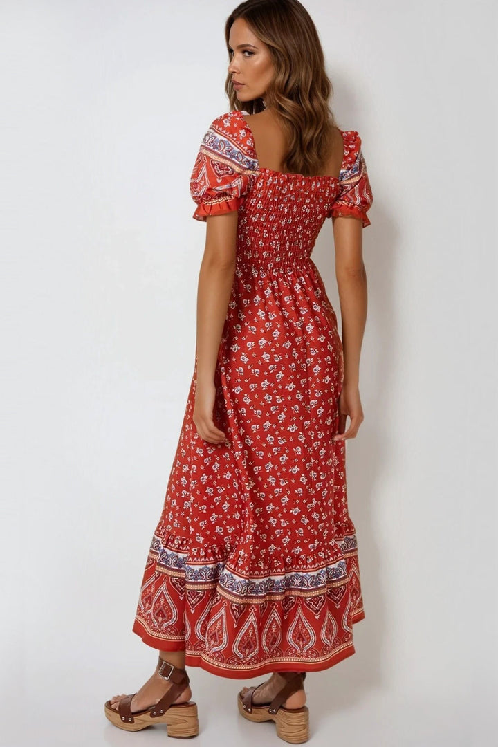 Orange Floral Puff Sleeve Shirred Maxi Dress - jqwholesale.com