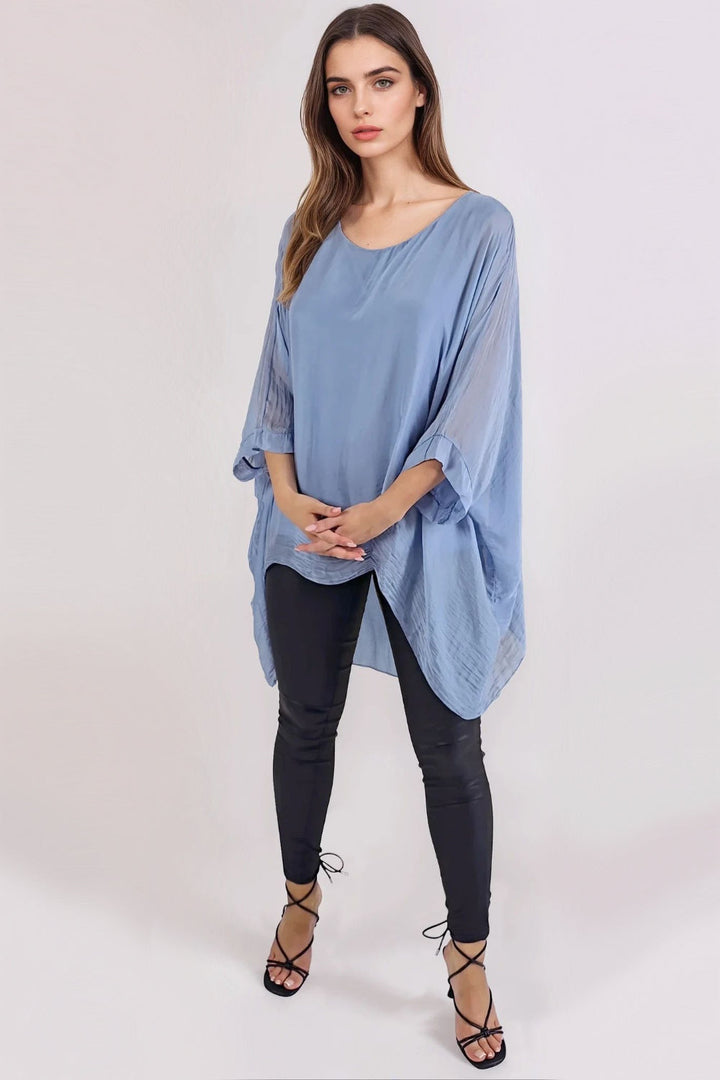 Denim Blue Silk Batwing Sleeve Top Blouse - jqwholesale.com
